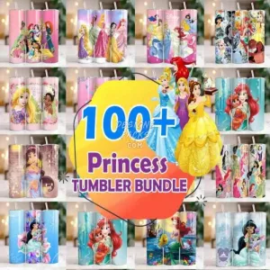 100 Cartoon Princess Tumbler Wrap Bundle PNG