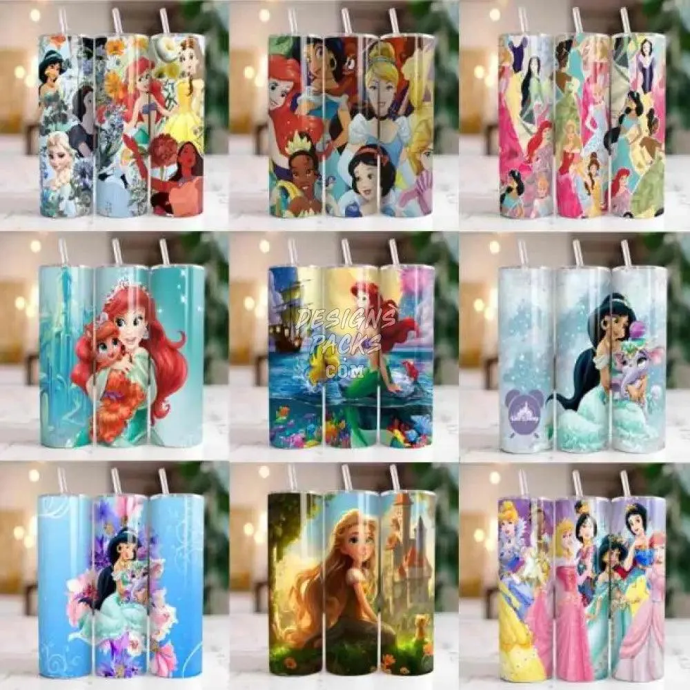 100 Cartoon Princess Tumbler Wrap Bundle PNG