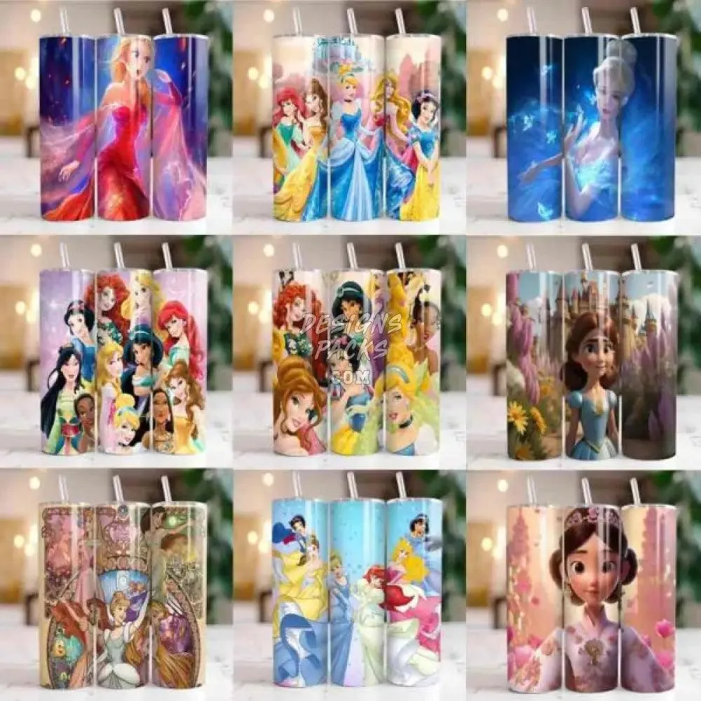 100 Cartoon Princess Tumbler Wrap Bundle PNG