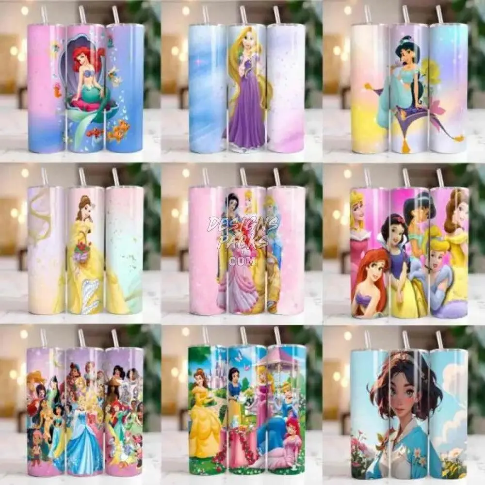 100 Cartoon Princess Tumbler Wrap Bundle PNG