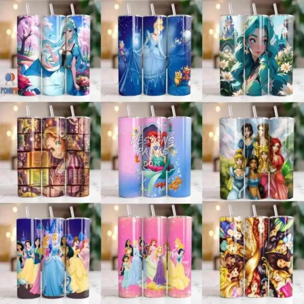 100 Cartoon Princess Tumbler Wrap Bundle PNG