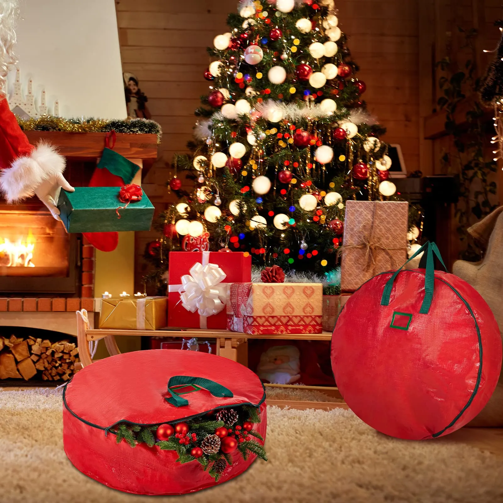 2 Pieces Christmas Wreath Storage Bag Xmas Wreath Storage Container for Christmas Garland Protect Artificial Wreaths(Red,30 x 8 Inch)