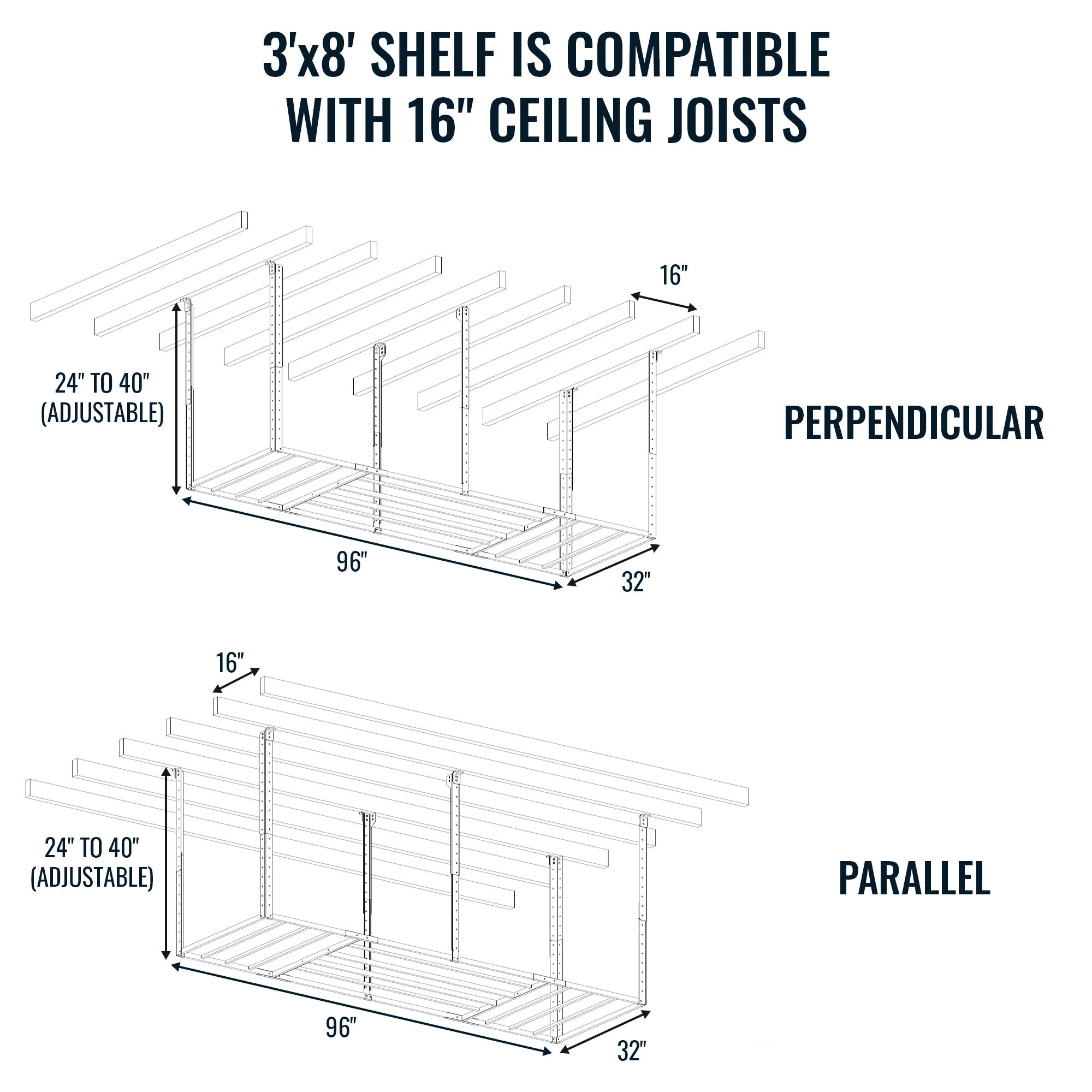 3' x 8' Faber Overhead Garage Shelving | Holds 700 lbs