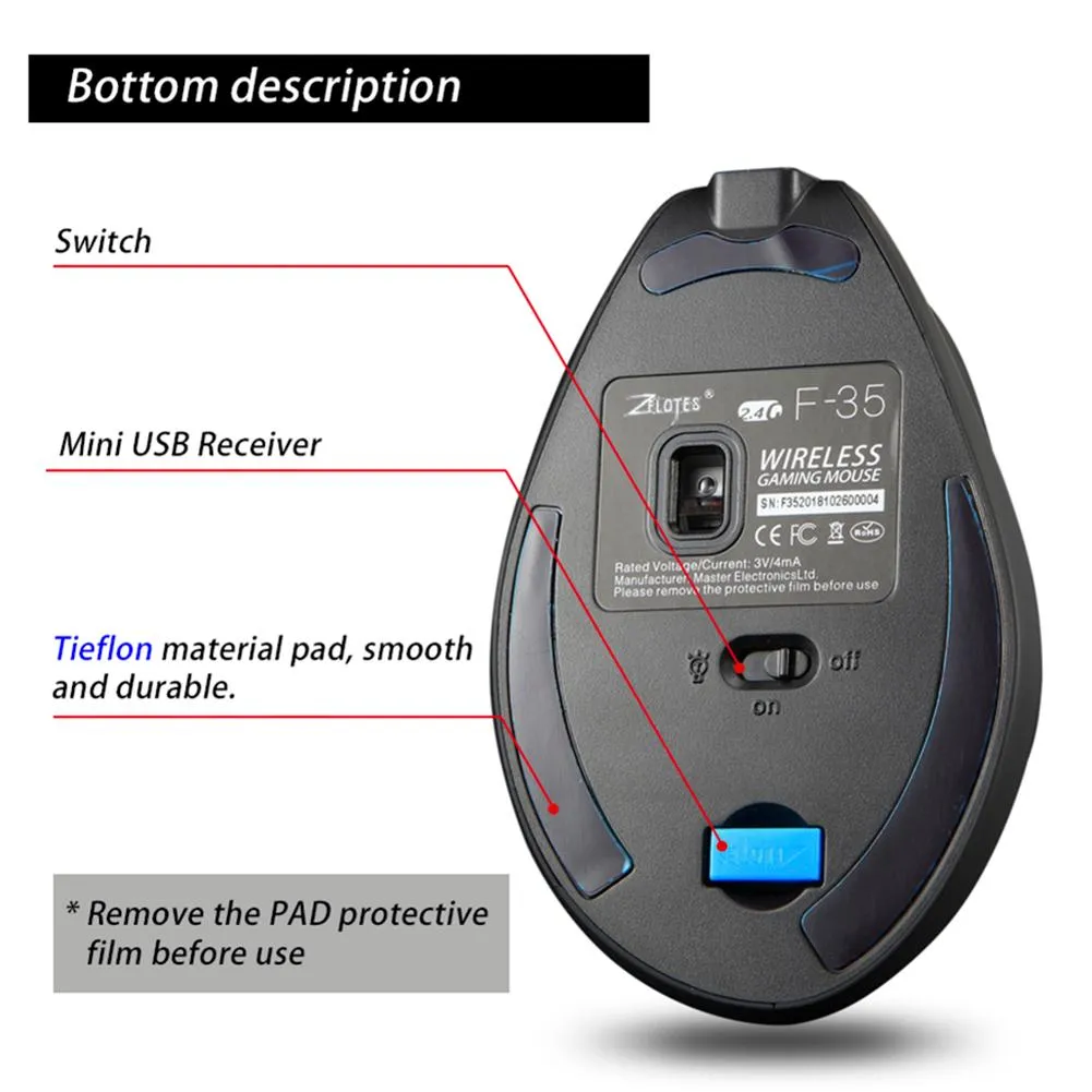 6 Buttons Wireless 2.4GHz Rechargeable Gaming Mouse