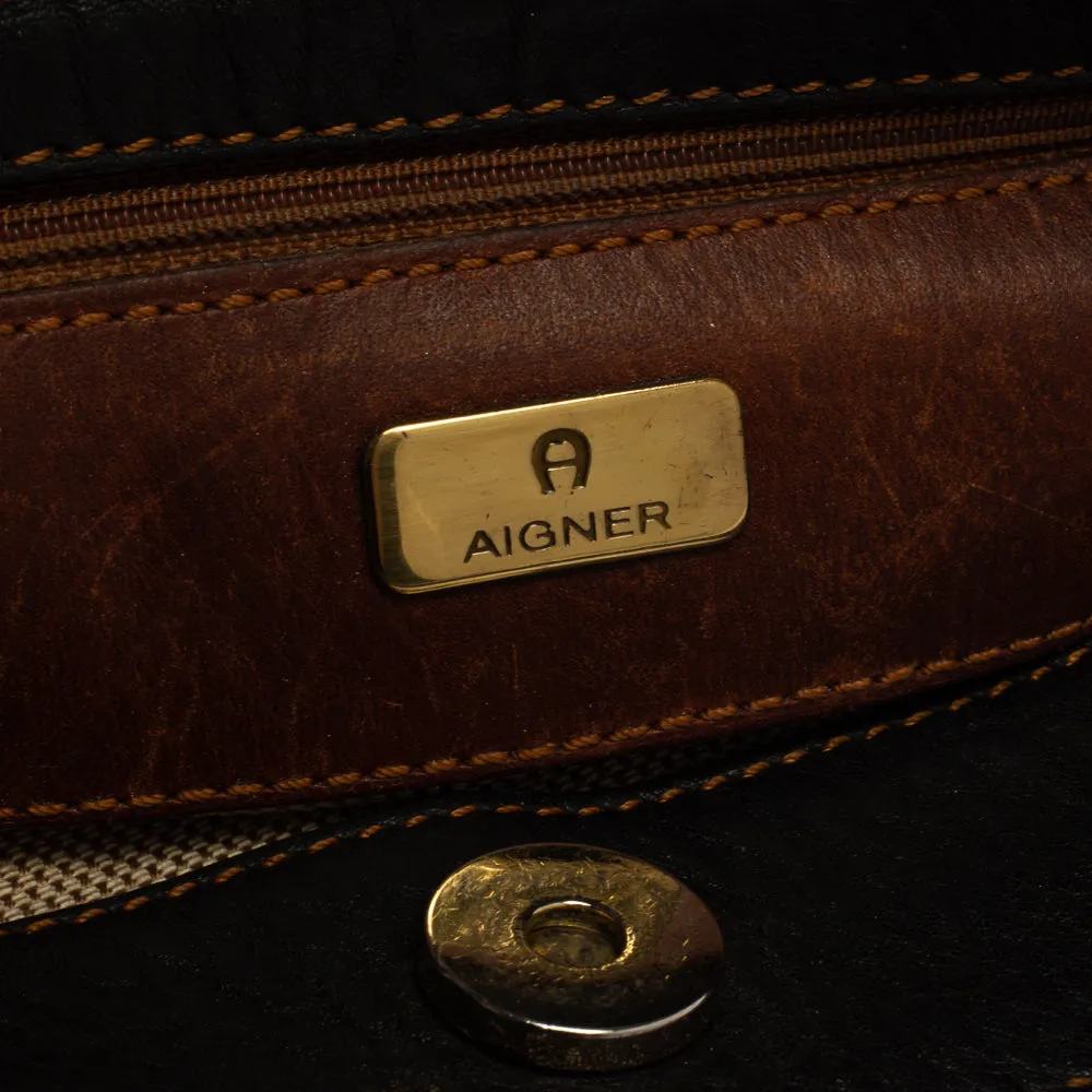 AIGNER Black/Brown Grained Leather Logo Metal Handle Tote