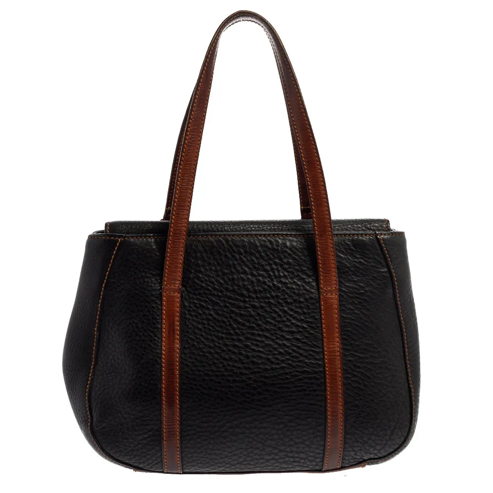 AIGNER Black/Brown Grained Leather Logo Metal Handle Tote