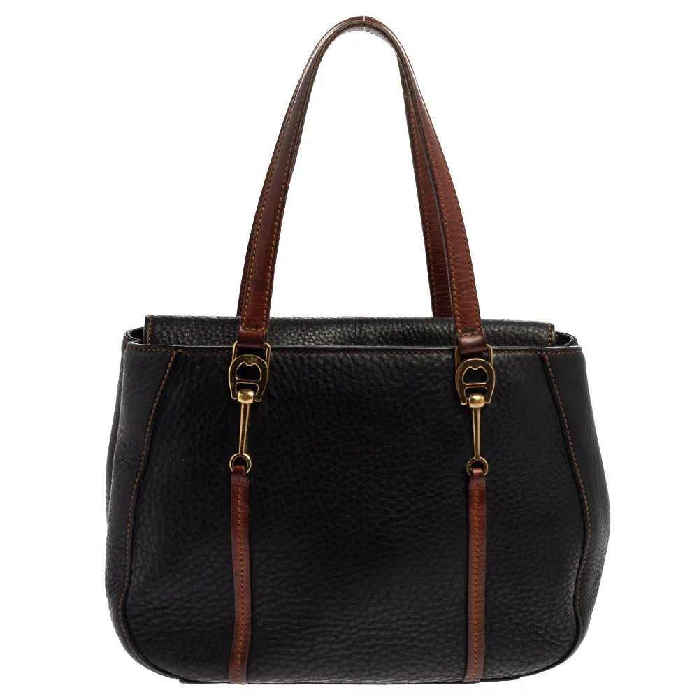 AIGNER Black/Brown Grained Leather Logo Metal Handle Tote