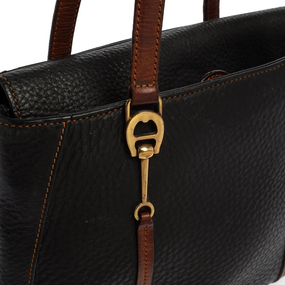 AIGNER Black/Brown Grained Leather Logo Metal Handle Tote