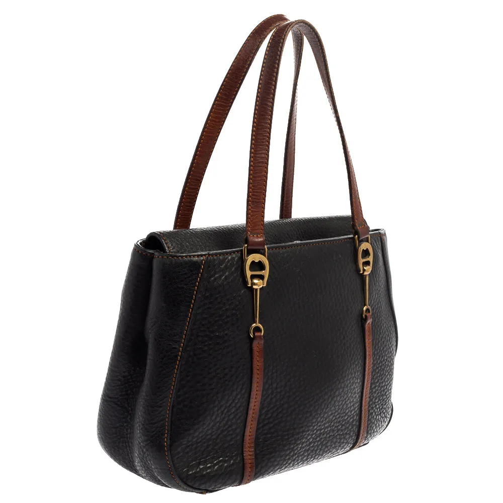 AIGNER Black/Brown Grained Leather Logo Metal Handle Tote