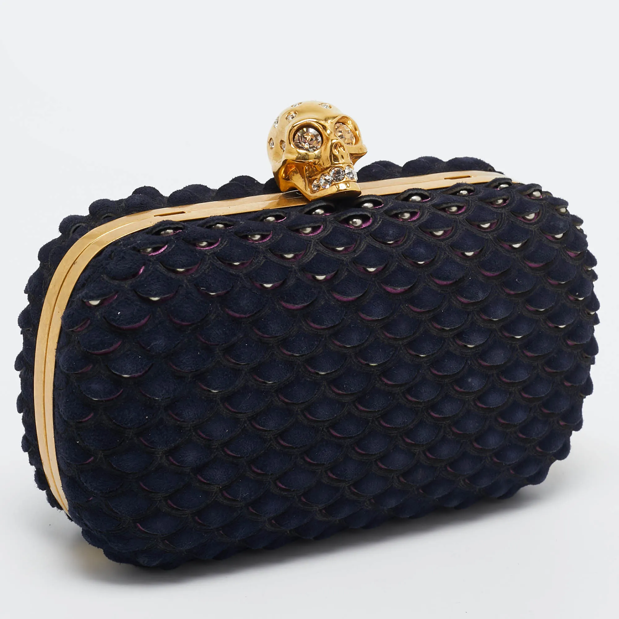 ALEXANDER MCQUEEN Navy Blue Textured Suede Studded Skull Clutch