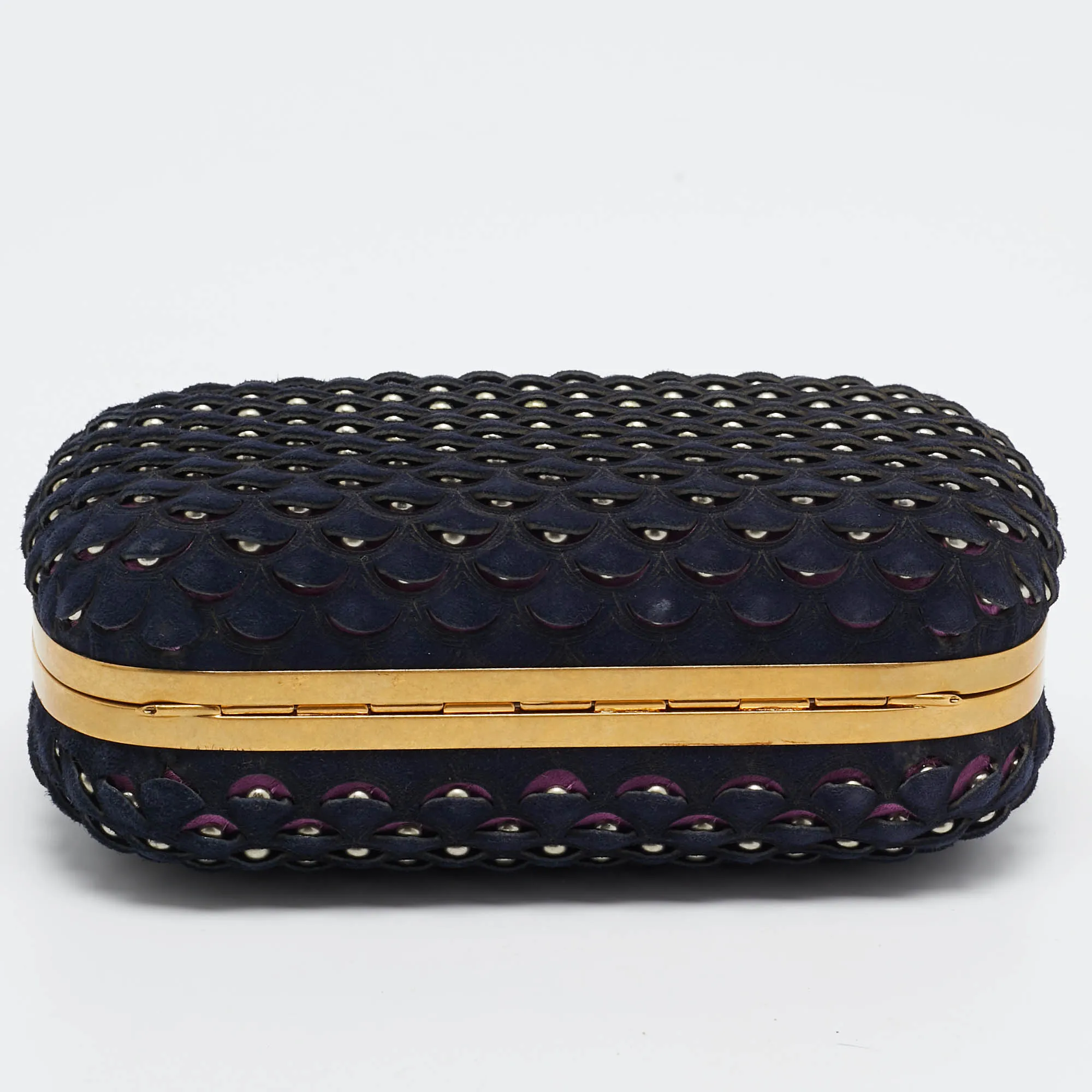 ALEXANDER MCQUEEN Navy Blue Textured Suede Studded Skull Clutch