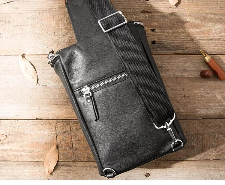 Badass Black Leather Men's Barrel Sling Bag Chest Bag Black Sling Pack One shoulder Backpack Waist Bag For Men