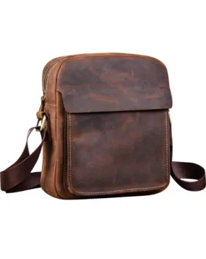 Badass Brown Leather Men's Vertical Side Bag 10inch Vertical Messenger Bag For Men