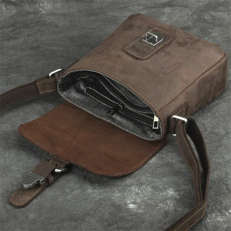 Badass Dark Brown Leather Men's 8 inches Small Side Bag Vertical Postman Messenger Bag For Men