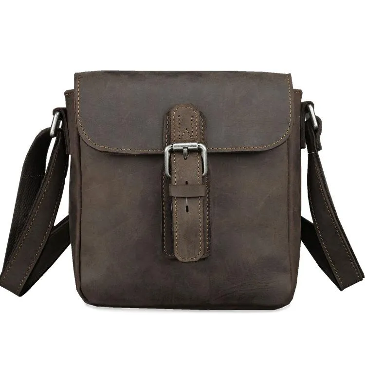 Badass Dark Brown Leather Men's 8 inches Small Side Bag Vertical Postman Messenger Bag For Men