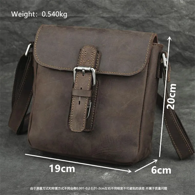 Badass Dark Brown Leather Men's 8 inches Small Side Bag Vertical Postman Messenger Bag For Men