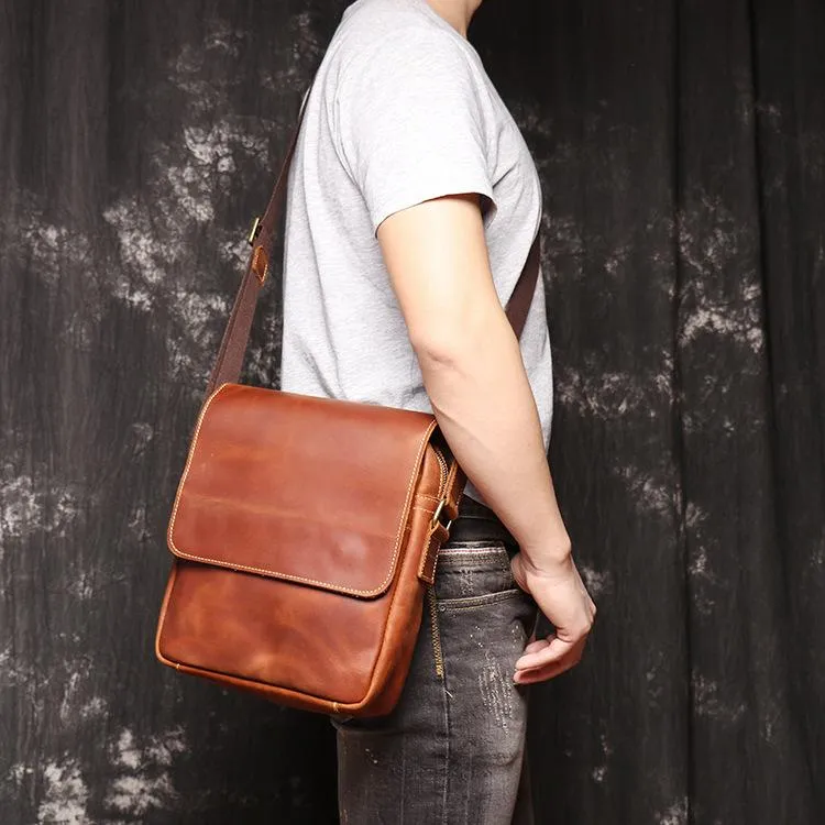 Best Brown Leather Men's Vertical Side Bag Brown Courier Bag Vertical Messenger Bag For Men