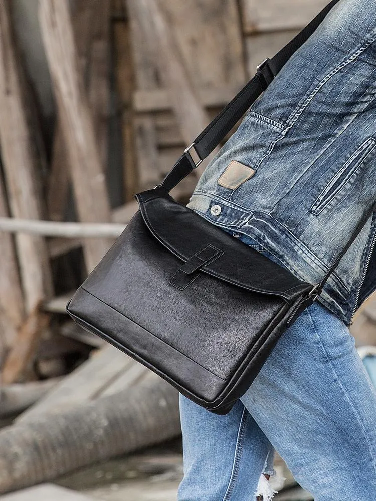 Black Casual Leather Mens 10 inches Side Bag Postman Bag Black Messenger Bags Courier Bag for Men