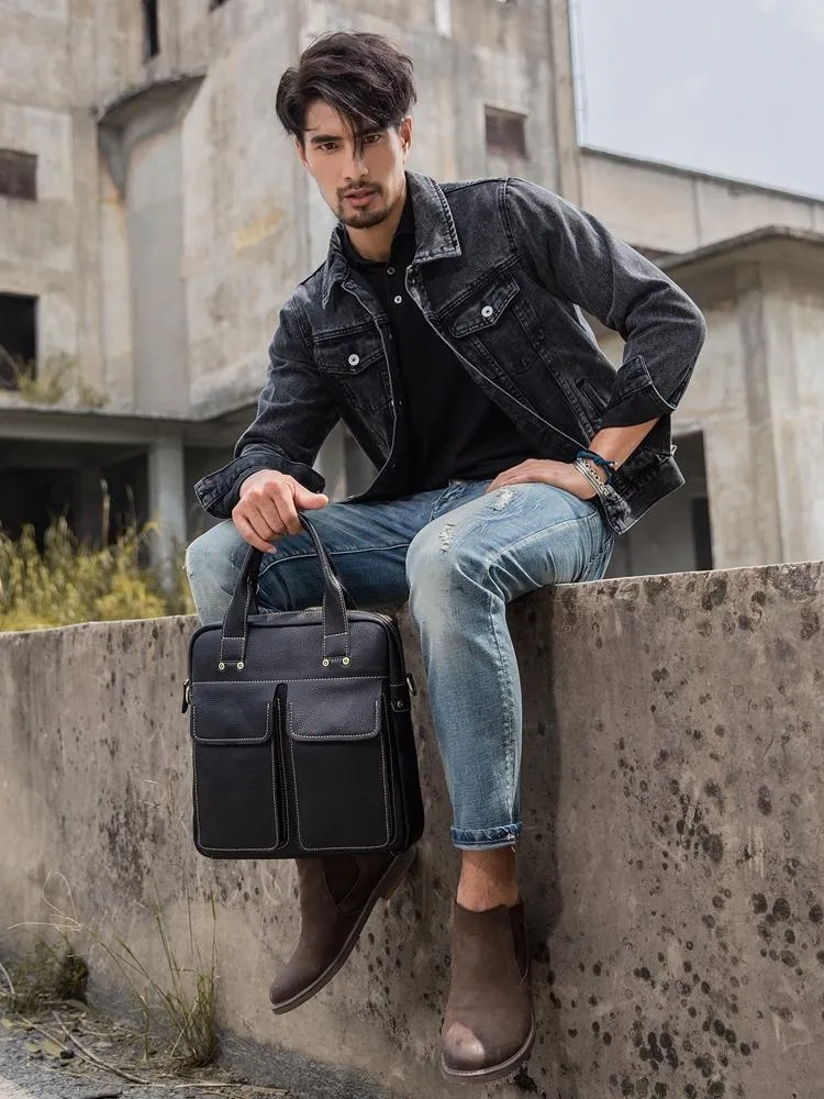 Black Casual Leather Mens 10 inches Vertical Briefcase Side Bags Postman Bag Black Work Bag Courier Bag for Men