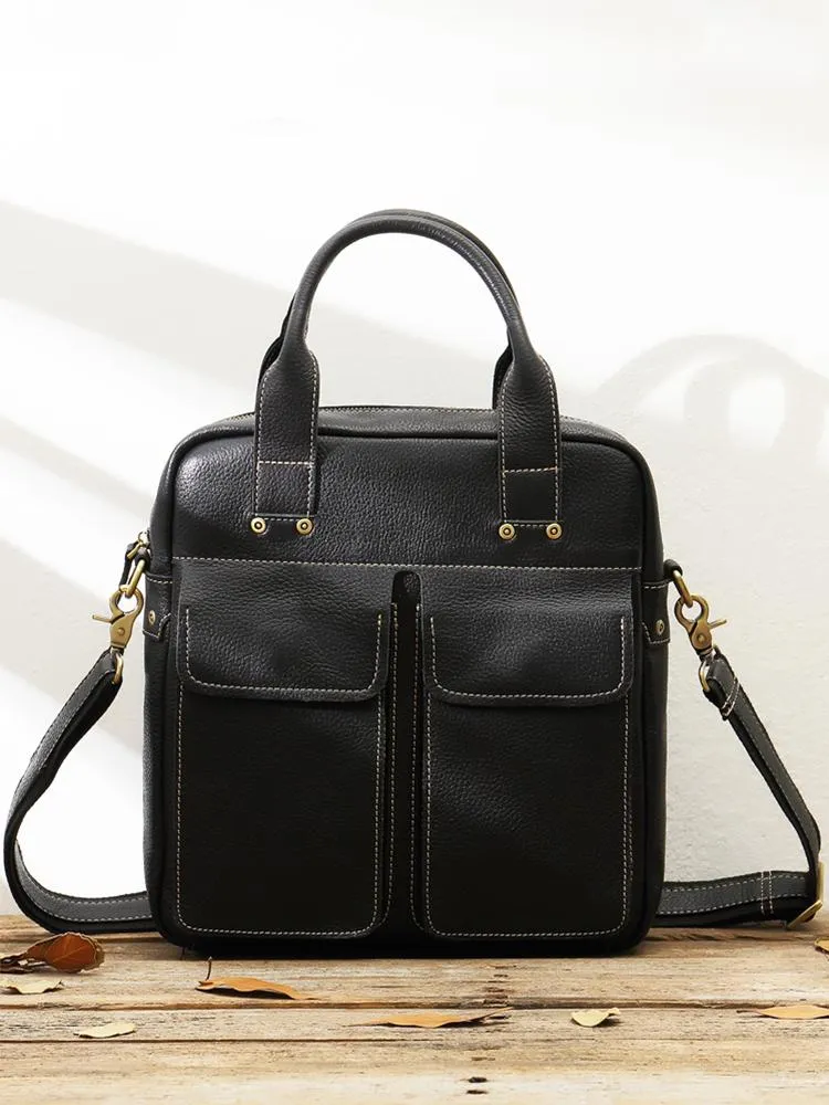 Black Casual Leather Mens 10 inches Vertical Briefcase Side Bags Postman Bag Black Work Bag Courier Bag for Men