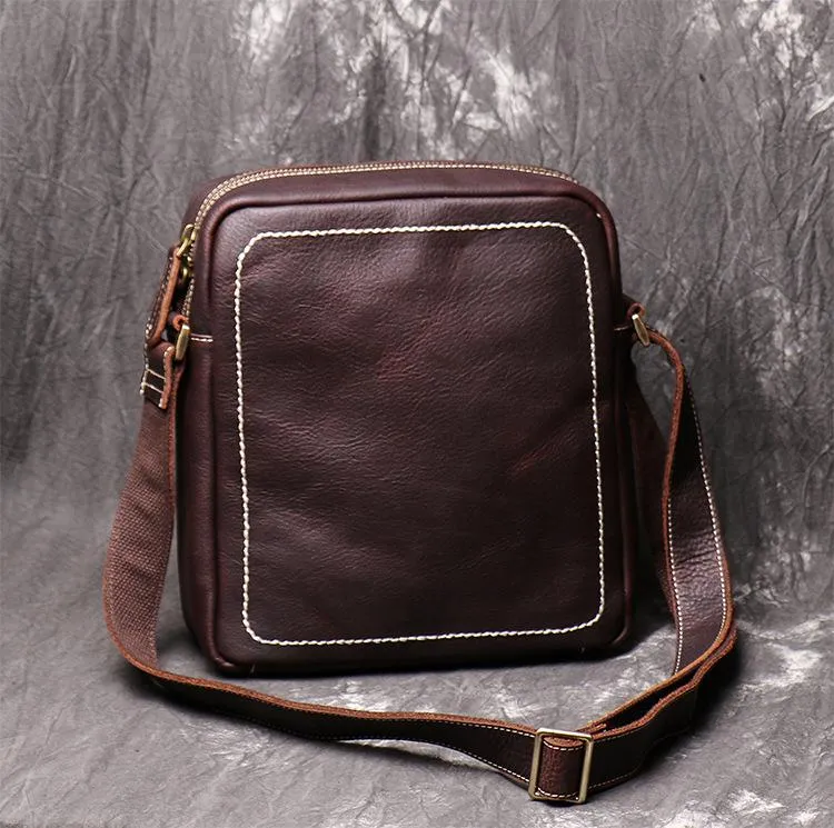 Black Cool Leather 10 inches Small Zipper Messenger Bag Vertical Shoulder Bag Dark Brown Side Bag For Men