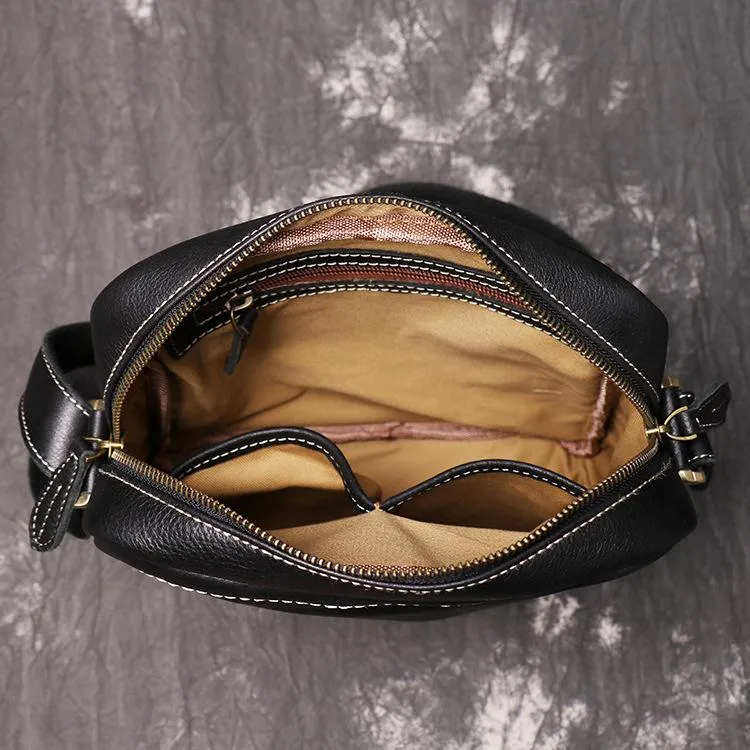 Black Cool Leather 10 inches Small Zipper Messenger Bag Vertical Shoulder Bag Dark Brown Side Bag For Men