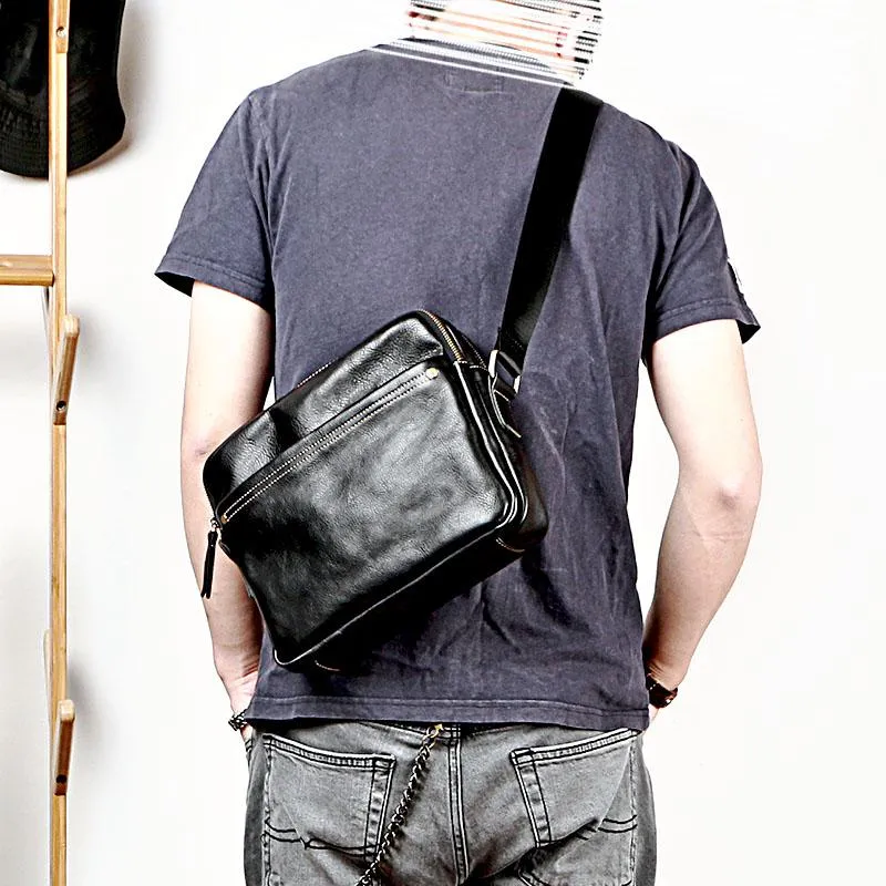 Black Leather Mens 10 inches Courier Bag Messenger Bag Black Small Postman Bag For Men