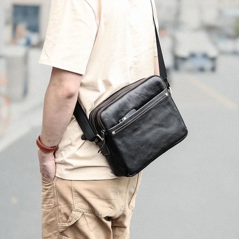 Black Leather Mens 10 inches Courier Bag Messenger Bag Black Small Postman Bag For Men