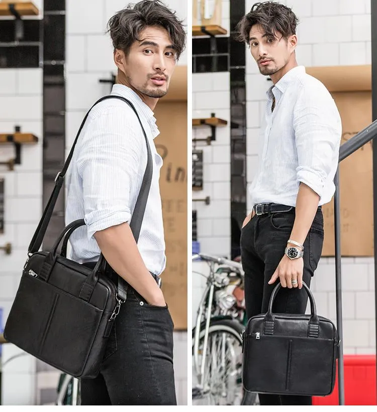 Black Leather Mens 12 inches Briefcase Work Bag Black Laptop Handbag Business Briefcase Shoulder Handbag for Men