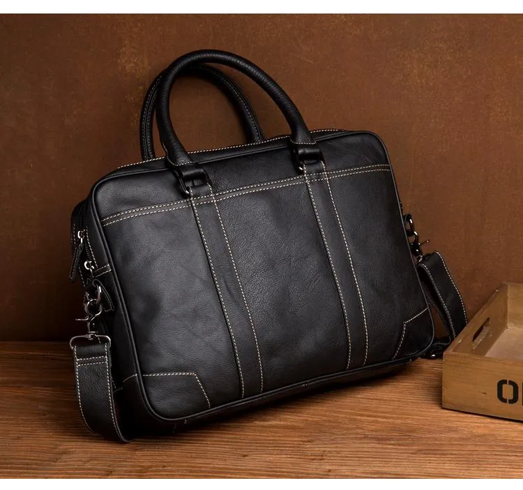 Black Leather Mens 15 inches Briefcase Laptop Side Bag Business Bags Work Bags for Men