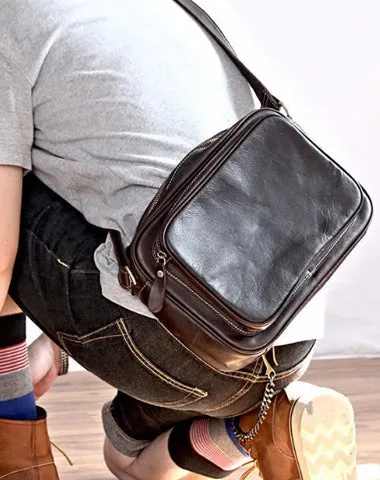 Black Leather Mens Casual Small Courier Bags Messenger Bag Dark Coffee Postman Bags For Men