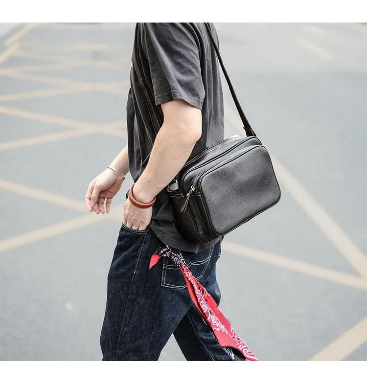 Black Leather Mens Casual Small Courier Bags Messenger Bag Dark Coffee Postman Bags For Men