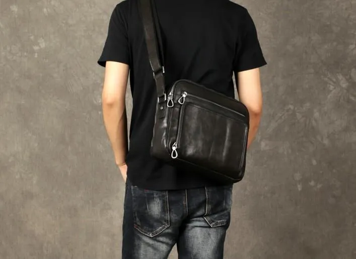 Black Leather Mens Cool Messenger Bags Work Bag Business Bag for men