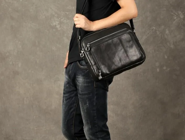 Black Leather Mens Cool Messenger Bags Work Bag Business Bag for men