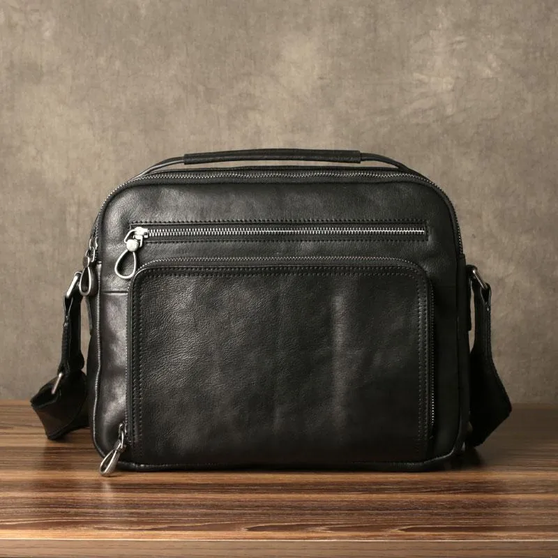 Black Leather Mens Cool Messenger Bags Work Bag Business Bag for men