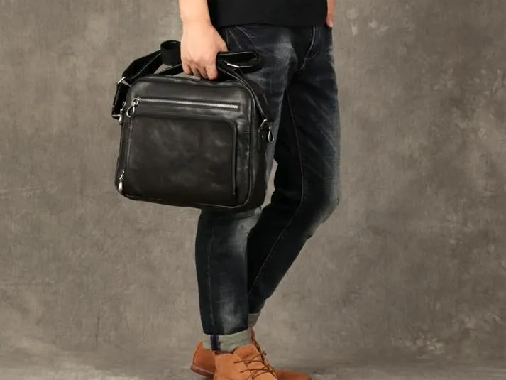 Black Leather Mens Cool Messenger Bags Work Bag Business Bag for men