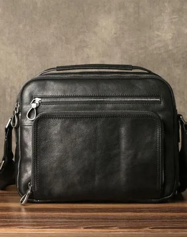 Black Leather Mens Cool Messenger Bags Work Bag Business Bag for men