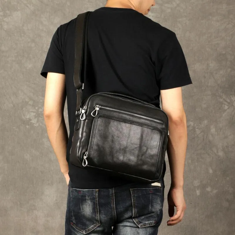 Black Leather Mens Cool Messenger Bags Work Bag Business Bag for men