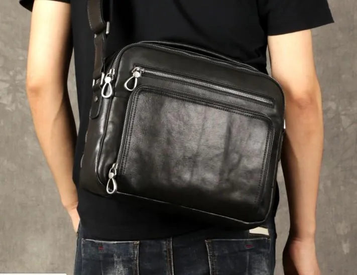 Black Leather Mens Cool Messenger Bags Work Bag Business Bag for men