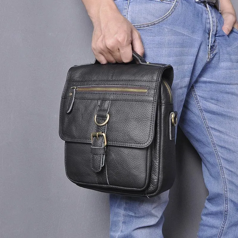 Black Leather Mens Small Vertical Messenger Bag Vertical Black Side Bags Small Handbag For Men