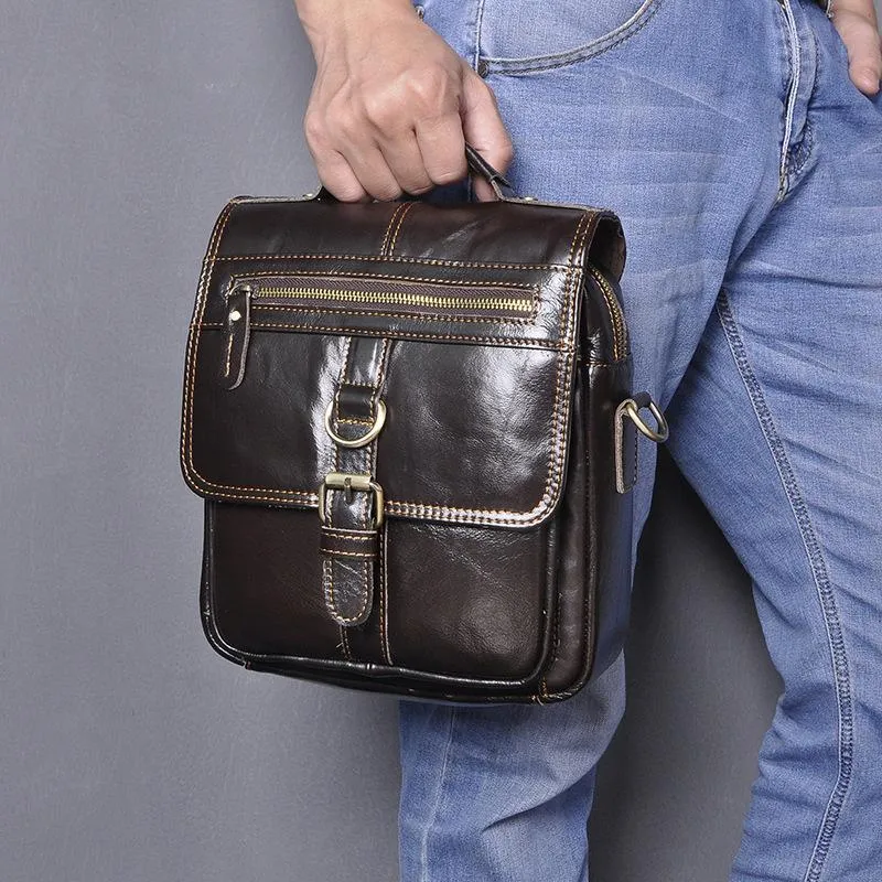 Black Leather Mens Small Vertical Messenger Bag Vertical Black Side Bags Small Handbag For Men