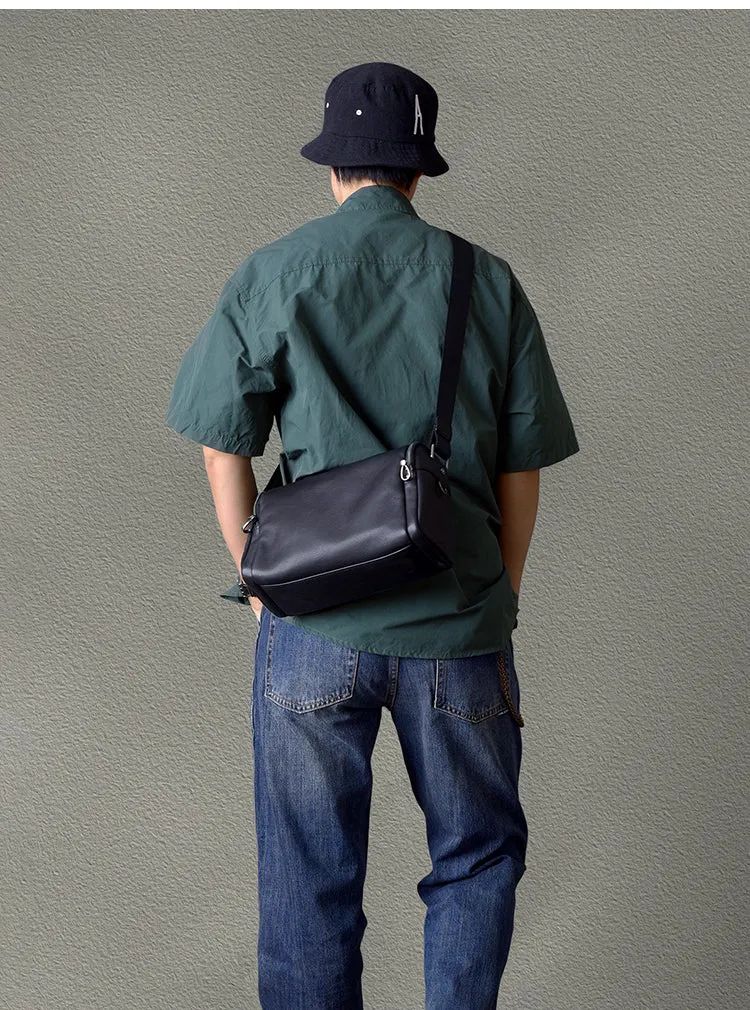 Black Leather Small Black Messenger Bag Men's Small Barrel Side Bag Overnight Bag For Men