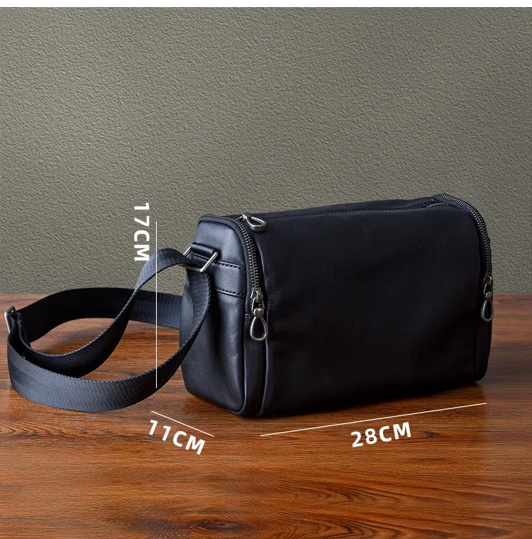 Black Leather Small Black Messenger Bag Men's Small Barrel Side Bag Overnight Bag For Men