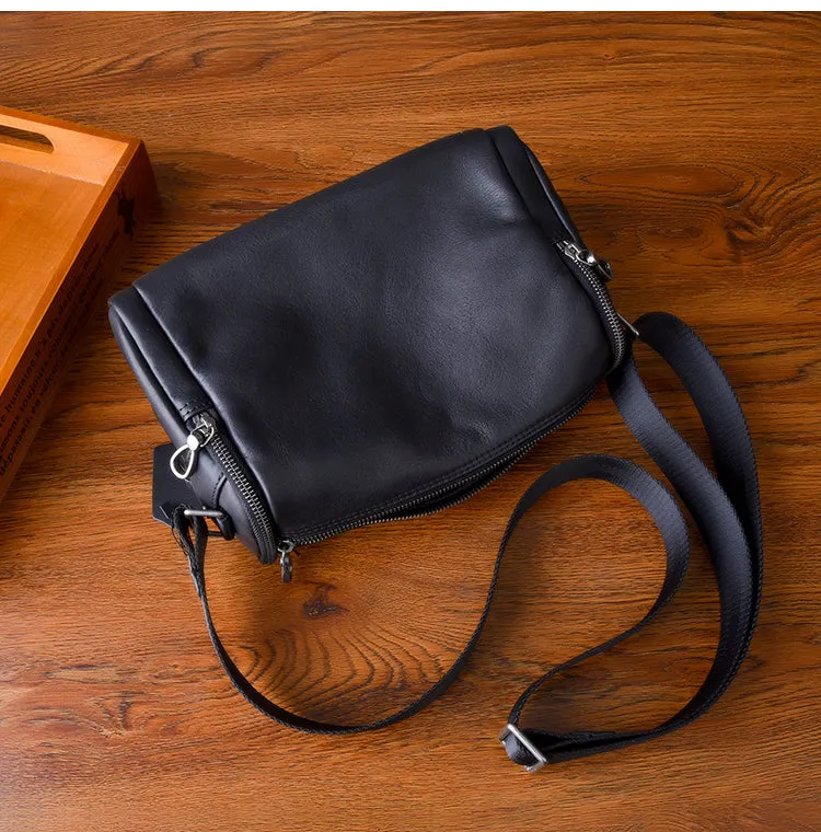 Black Leather Small Black Messenger Bag Men's Small Barrel Side Bag Overnight Bag For Men