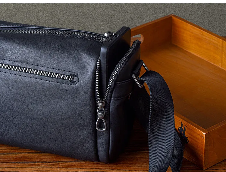 Black Leather Small Black Messenger Bag Men's Small Barrel Side Bag Overnight Bag For Men