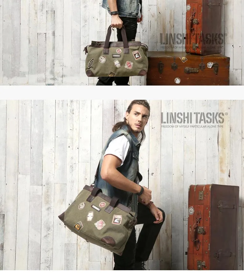 Black Mens Fashion Canvas Large Travel Bag Shoulder Canvas Weekender Bag Duffle Bag For Men