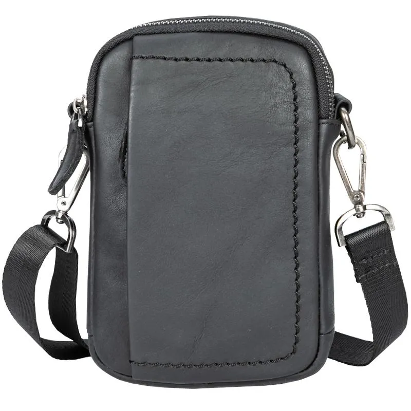 Black Mini Leather Mens Side Bag Black Messenger Bags Postman Bag Courier Bag for Men