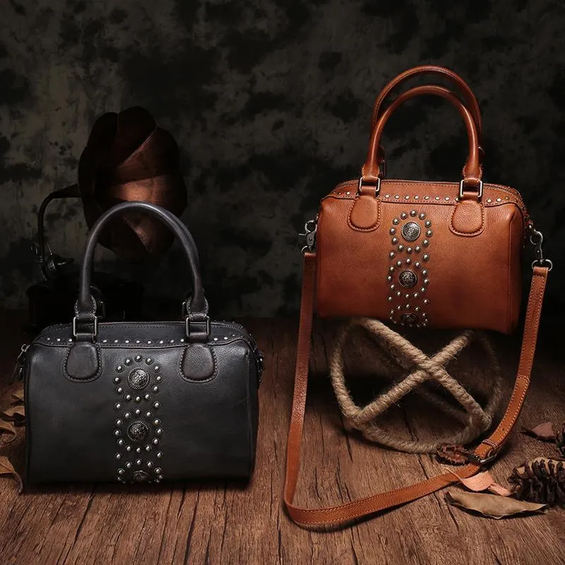 Black Vintage Ladies Leather Rivet Boston Handbag Purse Brown Shoulder Handbag for Women