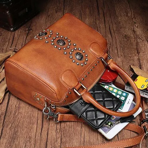 Black Vintage Ladies Leather Rivet Boston Handbag Purse Brown Shoulder Handbag for Women