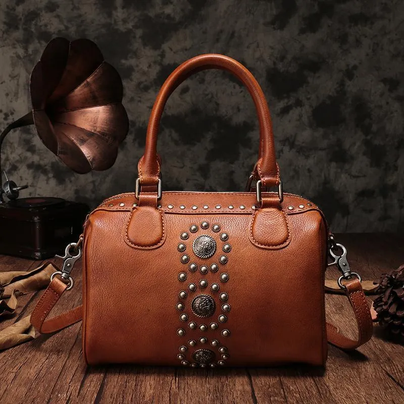 Black Vintage Ladies Leather Rivet Boston Handbag Purse Brown Shoulder Handbag for Women